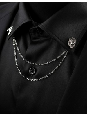 Godfroy Gümüş Renk Aslan Zincirli Gömlek & Ceket & Damatlık & Yaka Iğnesi