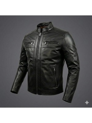 VERRA Siyah Hakiki Deri Erkek Mont - Fermuar Detaylı Hakim Yaka Spor Kesim