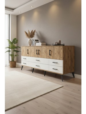 Aura Konsol - 3 Raflı, 6 Çekmeceli, 4 Kapaklı | Çam & Aytaşı | 176X59X83 cm