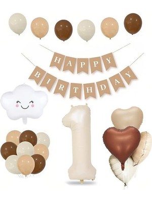 Yaş Retro Kalp Doğum Günü Seti; Krem Rakam Folyo, Banner, Kalp Folyo ve Lateks Balon