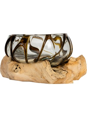 Artika Design Vazo Ahşaba Cam Üfleme Bowl  15 cm Amber Çizgili