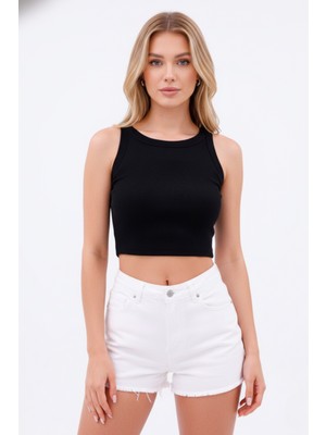 Euro Class Kadın Siyah Halter Yaka Omuz Dekolteli Pencere Detaylı Pamuklu Fitilli Kaşkorse Crop Bluz