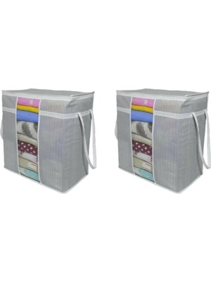 2 Adet - Pencereli Saklama Çantası - Pencereli Battaniye Hurcu 30X45X50CM - Çizgili Model