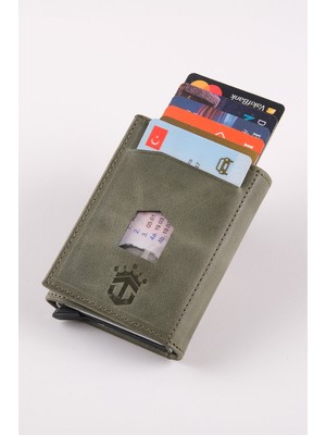 Ancora Leather Hakiki Deri Crazy Deri Erkek Cüzdanı Otomatik Kartlık Mekanizmalı Haki Çıt Çıtlı