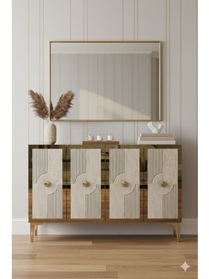 Yumedi Design KA1216BTG - Temtem Konsol ,tv Sehpası , Çok Amaçlı Dolap,kahve Köşesi 120 cm Beyaz-Traverten-Gold