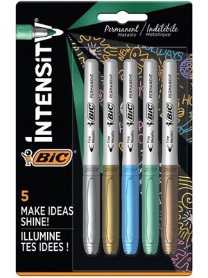 Intensity Permanent Marker Metalik Kalıcı Işaretleyiciler - 5'li Paket - Çeşitli Metalik Renkler - Koyu ve Açık Yüzeyler Için - Düşük Koku