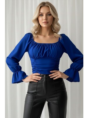 Euro Class Kadın Madonna Yaka Çan Kollu Özel Tasarım Büzgü Detaylı Volanlı