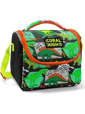 High Siyah Yeşil Dinazor Baskılı Erkek Çocuk Beslenme Çantası