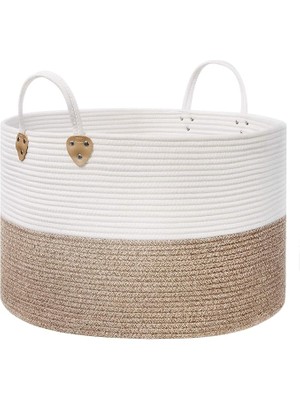 Pamuk Halat Sepeti, Tutma Saplı Pamuk Çamaşır Sepeti 100L, Oyuncak Elbise Battaniye Için, Kahverengi-Bej 55X55X35 cm