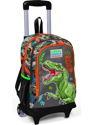 High Işıklı Tekerlekli Dinazor Kamuflaj Çekçek Okul ve Seyahat Çantası Erkek Çocuk Gri