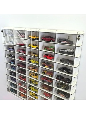 Kapaklı 1/64 Ölçek 50ARAÇ Hotwheels Matchbox Metal Araç Uyumlu Model Oyuncak Araba Rafı-Beyaz