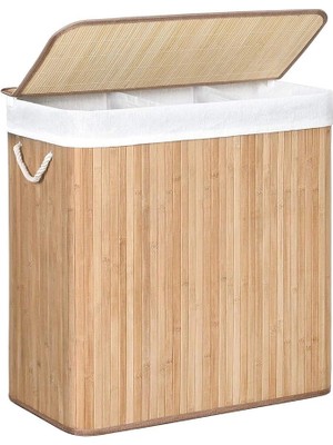 Çamaşır Sepeti, Çamaşır Toplayıcı, Bambudan Yapılmış, Kulplu Çamaşır Sandığı, 3 Bölme, Klipsli Kapak, 150 L, Katlanabilir, Çamaşır Odası, Yatak Odası, Banyo, Doğal Renk LCB091N01