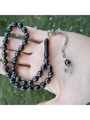 Tesbih Reyonu Oltu Taşı Badem Kesim Tesbih – Tek Zikzak İşlemeli, El Yapımı