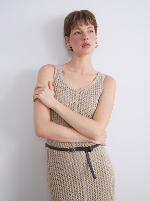 Lc Waikiki Yeni Sezon U Yaka Beli Kemerli Ajurlu Elbise