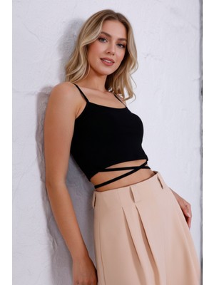 Euro Class Kadın Siyah Ip Askılı Belden Çapraz Bağlamalı %95 Pamuklu Likralı Süprem Crop Bluz