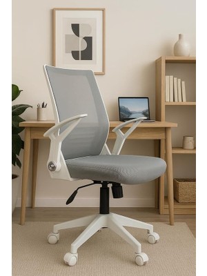 Katlanır Kollu Çalışma Sandalyesi | Ofis ve Bilgisayar Koltuğu | Gri Kumaş - Beyaz Kollar