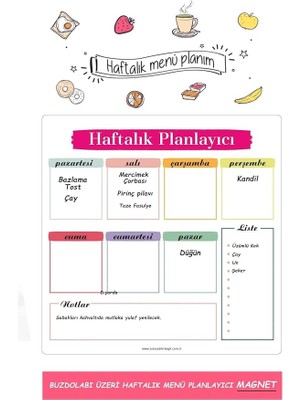 Kağıt Haftalık Magnet Planlayıcı Menü Mıknatıslı Yazı Tahtası Buzdolabı Magneti Pano 30X30 cm +Kalem