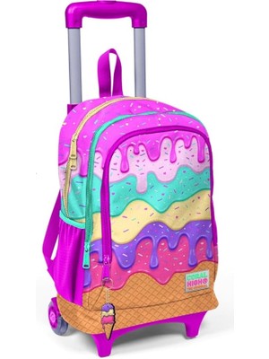High Işıklı Tekerlekli Dondurma Çekçek Okul ve Seyahat Çantası Kız Çocuk Rengarenk