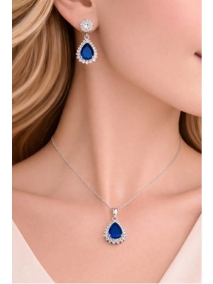 925 Ayar Rodyum  Kaplama   Damla Safir Taşlı  Gümüş  Set