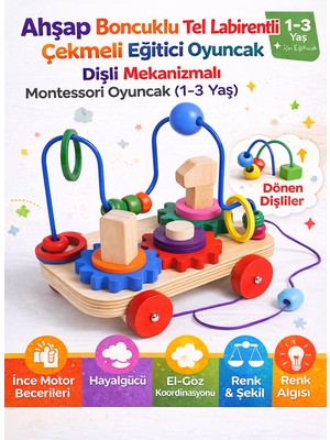 Direkstoktan Ahşap Boncuklu Tel Labirentli Çekmeli Eğitici Oyuncak | Dişli Mekanizmalı Montessori Oyuncak (1–3 Yaş)