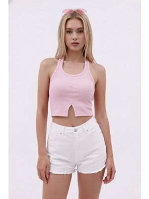 Euro Class Kadın Pembe Boyundan Geçmeli Etek Ucu Yırtmaçlı Esnek Pamuklu Kaşkorse Bluz