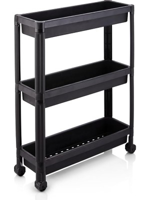 Plastik 3 Katlı Tekerlekli Organizer Diktördgen Raf Ünitesi Siyah