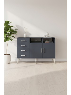 Aura Konsol: 4 Raflı, 4 Çekmeceli, 2 Kapaklı Antrasit Konsol | 132X59X83 cm