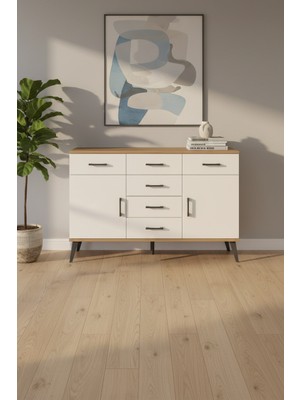 Aura Konsol: Çam-Aytaşı, 6 Çekmeceli, 2 Kapaklı, 132CM | 2 Raflı