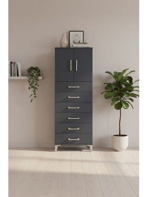 Silva Antrasit Dolap: 6 Çekmeceli, 2 Kapaklı & Raflı - 60X30X163 cm