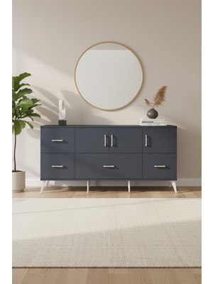 Aura Konsol: 4 Çekmeceli, 3 Kapaklı Antrasit Şıklık (176CM) | 4 Raflı