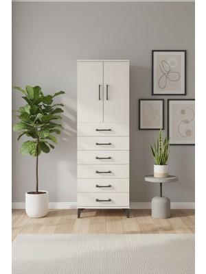 Luna Aytaşı Dolap: 6 Çekmeceli, 2 Kapaklı, Tek Raflı (60X44X182 Cm)