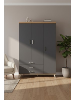 Aura Gardırop: 6 Raflı, 3 Çekmeceli, Tek Askılı Çam-Antrasit Gardırop | 132X59X195 cm