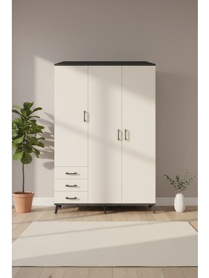 Aura Gardrop: 6 Raflı, 3 Çekmeceli Antrasit-Aytaşı Gardrop (132X59X195 Cm)