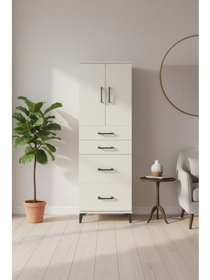 Luna Dolap: 4 Çekmeceli, 2 Kapaklı Tek Raflı Aytaşı Gardırop (60X44X182 Cm)