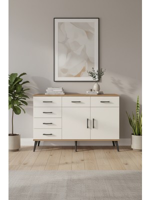 Aura Konsol: 6 Çekmeceli, 2 Kapaklı Şık Tasarım | 132 cm | 2 Raflı