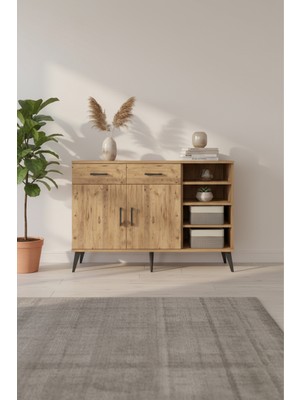 Aura Konsol 5 Raflı 2 Çekmeceli Çam - 132X59X83 cm | 2 Kapaklı