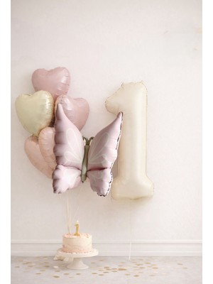 Peri Party Bej & Pudra Tonları 1 Yaş Doğum Günü Balon Konsepti – Kelebek ve Kalp Figürlü