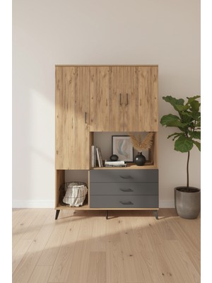 Aura Dolap: 6 Raflı, 3 Çekmeceli Geniş Gardırop - Çam/antrasit | 3 Kapaklı, 132X59X195 cm