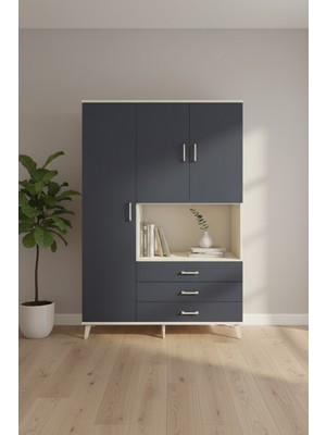 Aura Gardrop: 6 Raflı 3 Çekmeceli Aytaşı-Antrasit Gardırop | 3 Kapaklı, 132X59X195 cm