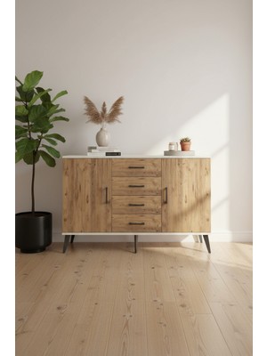 Aura Konsol: 4 Raflı, Çekmeceli, Kapaklı Aytaşı-Çam Şıklığı | 132X59X83 cm