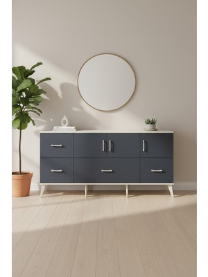 Luna Konsol - 4 Çekmeceli, 4 Raflı, Aytaşı-Antrasit Konsol | 3 Kapaklı, 176X44X83 cm