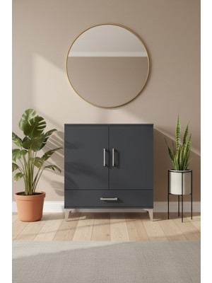 Aura Antrasit Şifonyer - 3 Raflı, Çekmeceli ve 2 Kapaklı | 88X59X96CM