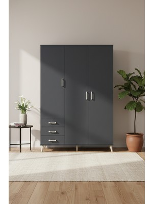 Aura Gardrop 6 Raflı 3 Çekmeceli Antrasit Gardırop | 132X59X195 cm