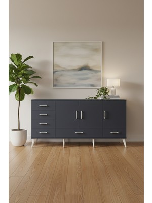 Aura Konsol - 4 Raflı, 6 Çekmeceli, 3 Kapaklı Antrasit Konsol | 176X59X83 cm