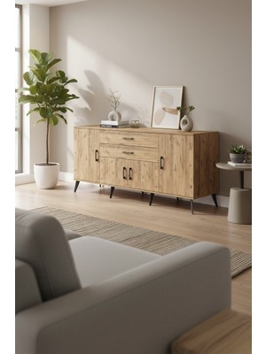 Aura Konsol - 3 Raflı, 2 Çekmeceli, 4 Kapaklı - 176 cm Çam Konsol