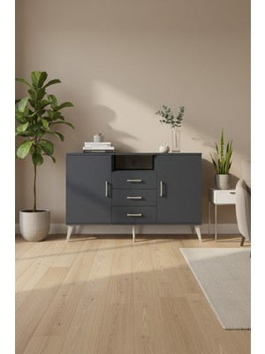 Aura Konsol - 5 Raflı 3 Çekmeceli Antrasit Konsol | 2 Kapaklı, 132X59X83 cm