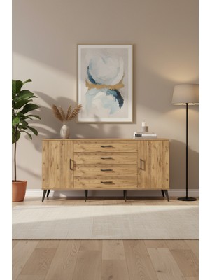 Aura Konsol: 4 Çekmeceli, 2 Kapaklı Çam Konsol (176CM) | 2 Raflı