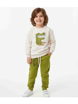 Pini Co Erkek Çocuk Timsah Baskılı Bej Sweatshirt ve Yeşil Eşofman Takımı