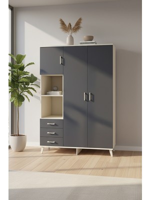 Aura Gardırop: 6 Raflı, 3 Çekmeceli, Aytaşı-Antrasit Şıklığı | 132X59X195 cm