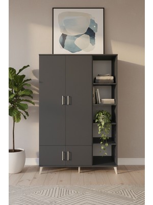Luna Antrasit Gardrop: 6 Raflı, 4 Kapaklı, Tek Askılı - 132X44X195 cm